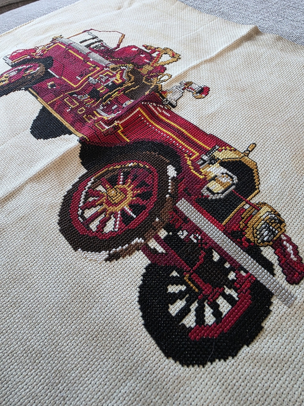Vintage Cross Stitch Fire Truck Panel Unframed Red Black Gold Detail